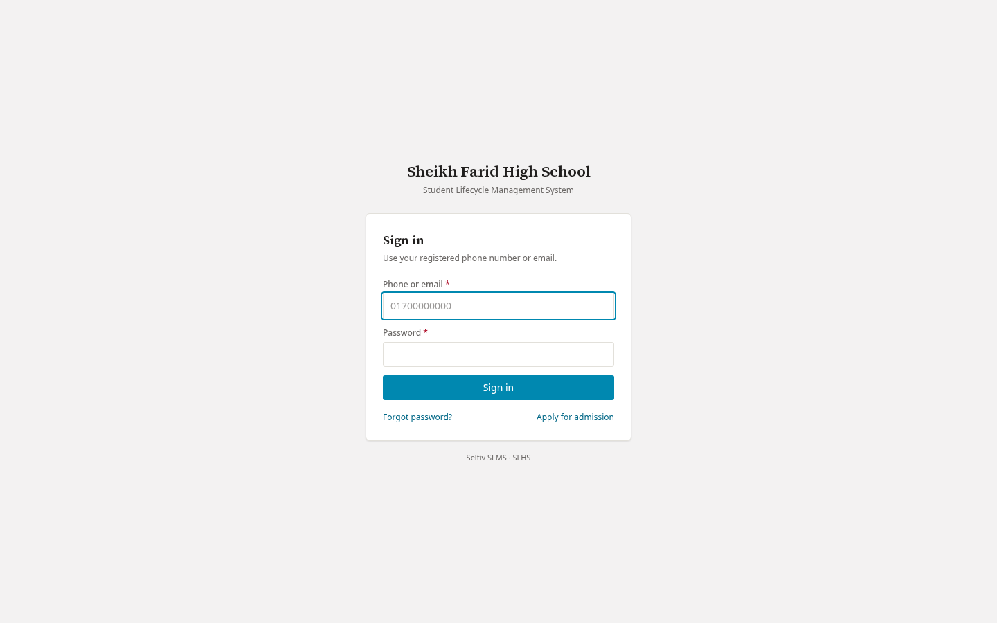 Seltiv SLMS sign-in screen