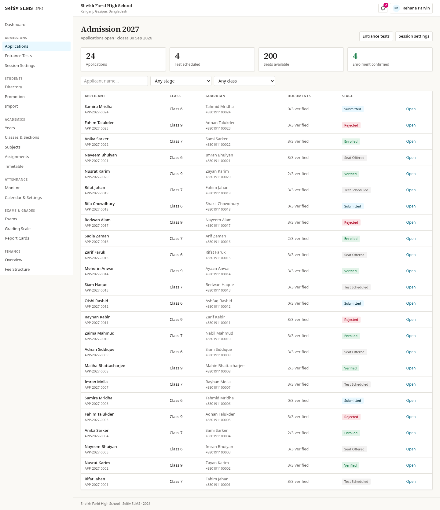 Admissions pipeline screen