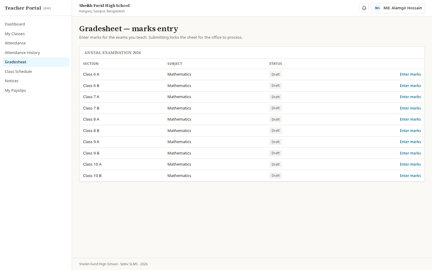 Gradesheet marks entry screen
