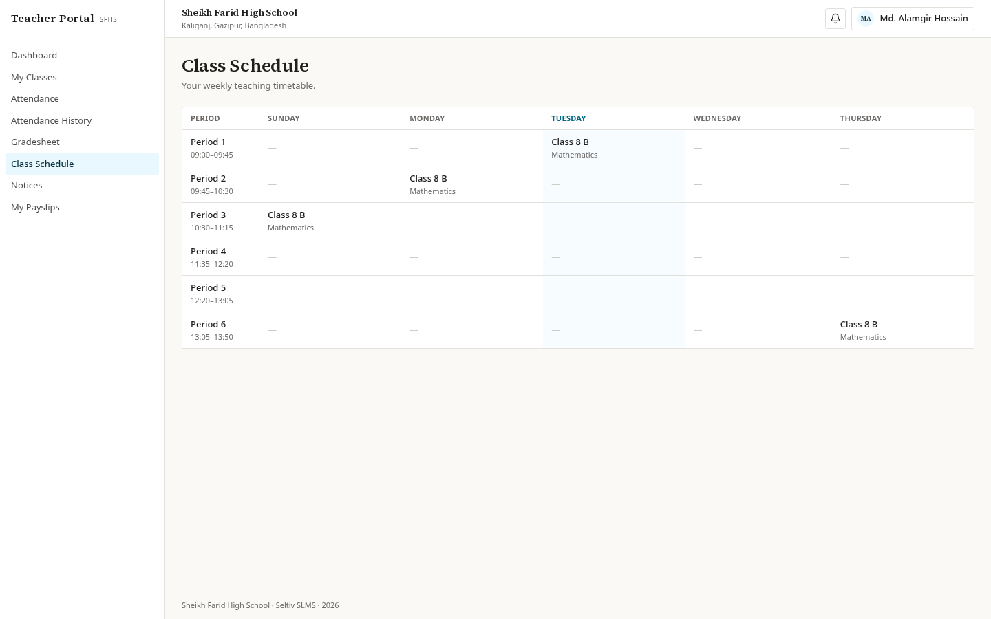 Weekly class schedule